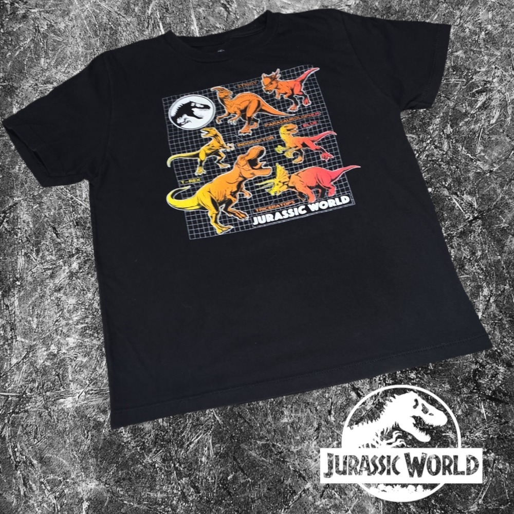 Jurassic‎ World Graphic T-Shirt Kids Dinosaur Grid Print Black Size M